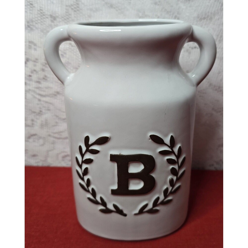 Ashland White Ceramic Monogram Initial B Milk Can Vase / Utensil Holder